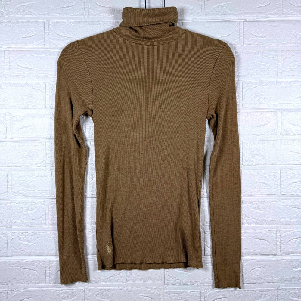 Polo Ralph Lauren Turtleneck Women SP Brown Ribbed Long Sleeve Pony Logo